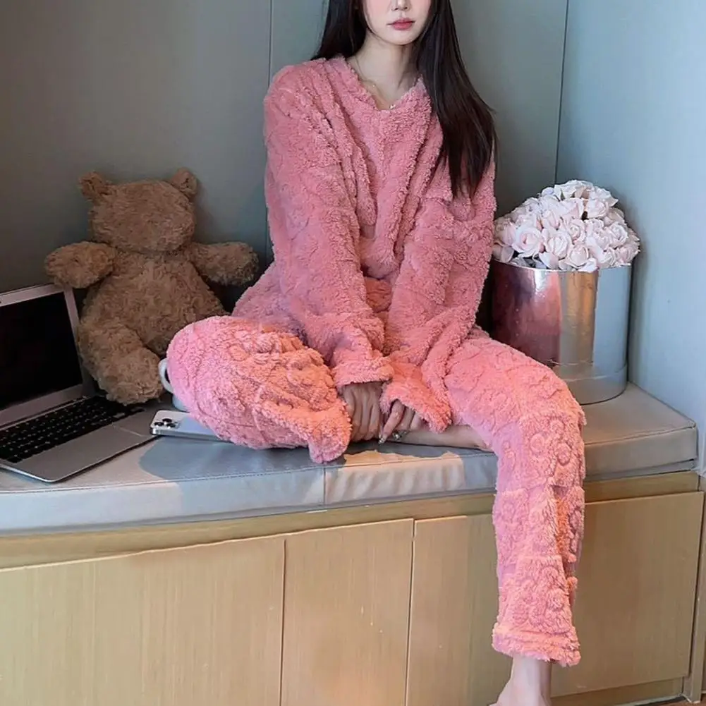 Women Two-piece Pajama Set Cozy Winter Pajama Set 2-piece Women\'s Fleece Homewear with Thickened Warmth Elastic for Ultimate