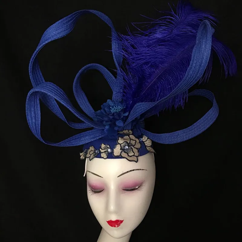 Chinese Style Model Walking Show Blue Styling Personality Atmosphere Stage Makeup Creative Feather Headwear