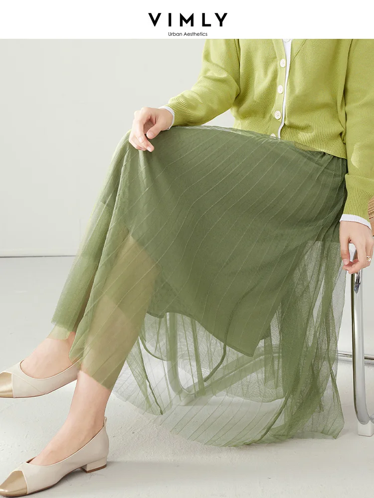 Vimly Long Mesh Skirts for Women Autumn 2023 Fashion Elastic Waist Office Lady Female Green Swing Midi Skirts Clothes M2652