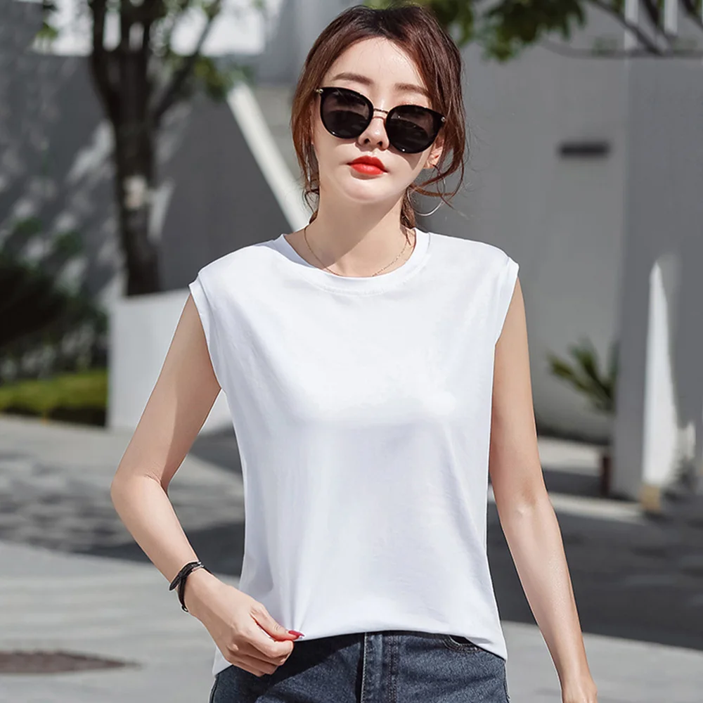 New Women Sleeveless T-shirt Summer Fashion O-Neck Nice and Cool Mercerized Cotton Vest Tops Casual Loose Soft Basic T-shirt