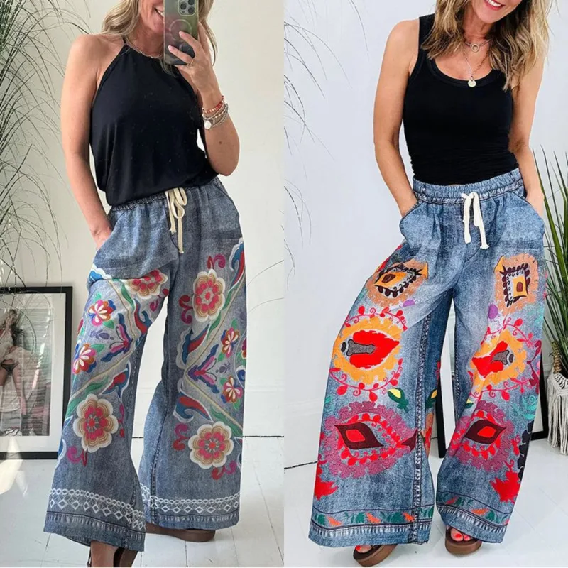 

Print Patchwork Casual Wide-Leg Pocket Pant Fashionable Drawstring Waist Elastic Straight-Leg Pant Summer Y2K Style Women's Pant