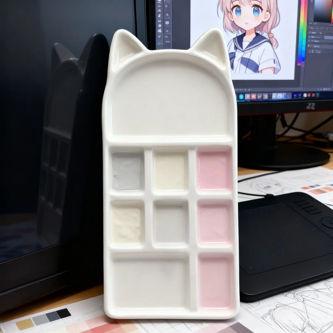 Cute Cat Shape Ceramic Watercolor Palette Multi-grid Pigment Tray Easy To Clean Watercolor/goupa Painting Art Supplies