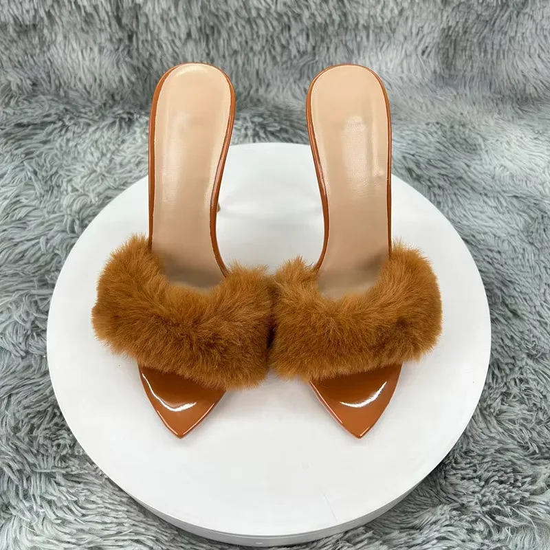 Tikicup New Women Sexy Faux Fur Women Slippers Pointed Toe 12CM Stiletto High Heels Sandals Slides Dating Party Evening Shoes