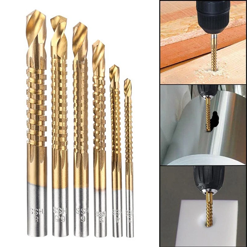 6 PCS HSS Woodwork Saw Drill Electric Drill Hole Opening Tool Set Hole Drilling Bit Serrated Drill Board Hole Expand And Groove