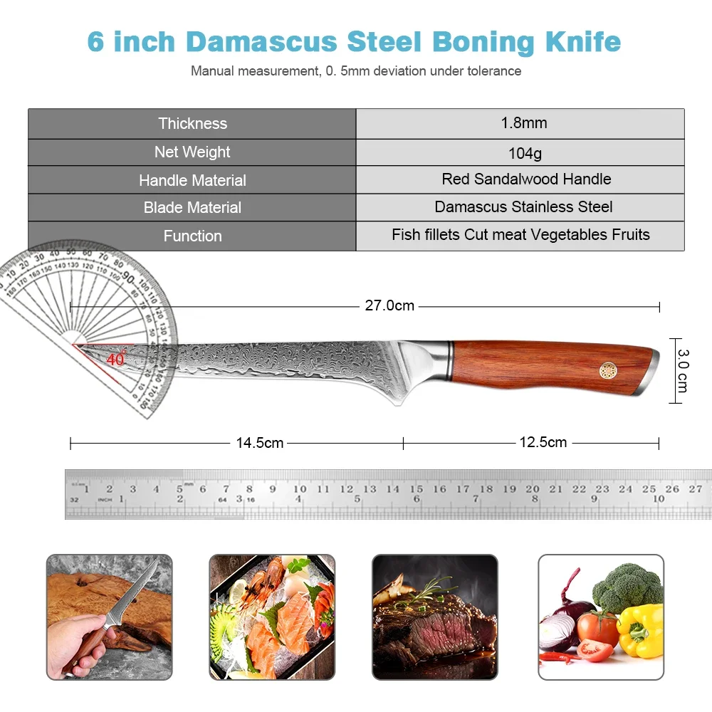 6 Inch Damascus Boning Knife,Japan VG10 Damascus Steel,Rosewood Handle, Razor Sharp Kitchen Fillet Knife, Meat Cutting,Trimming