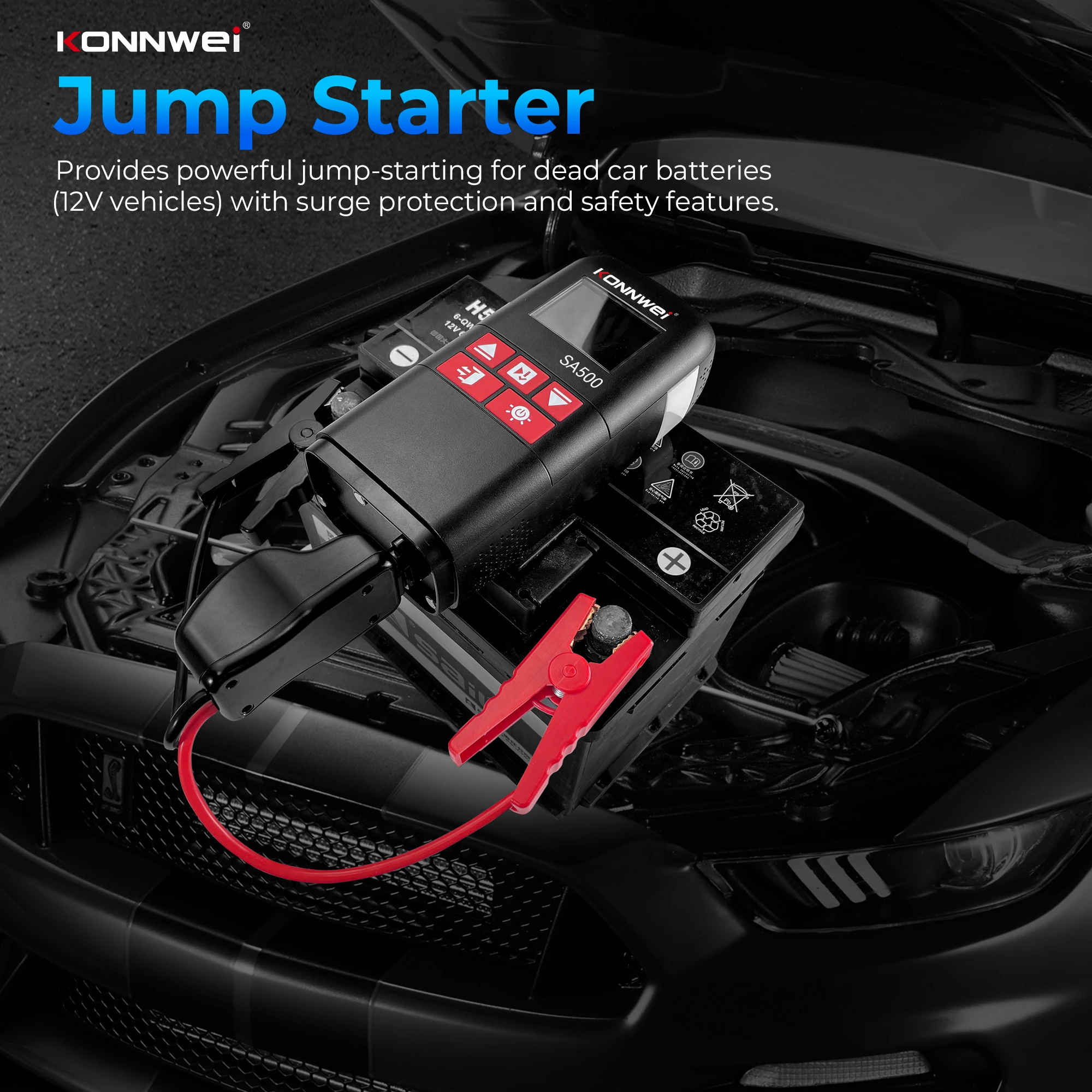 SA500 1000A Peak Car Jump Starter with 2.8 LCD Screen, 12V Emergency Starter for Car Truck Motorcycle Boat
