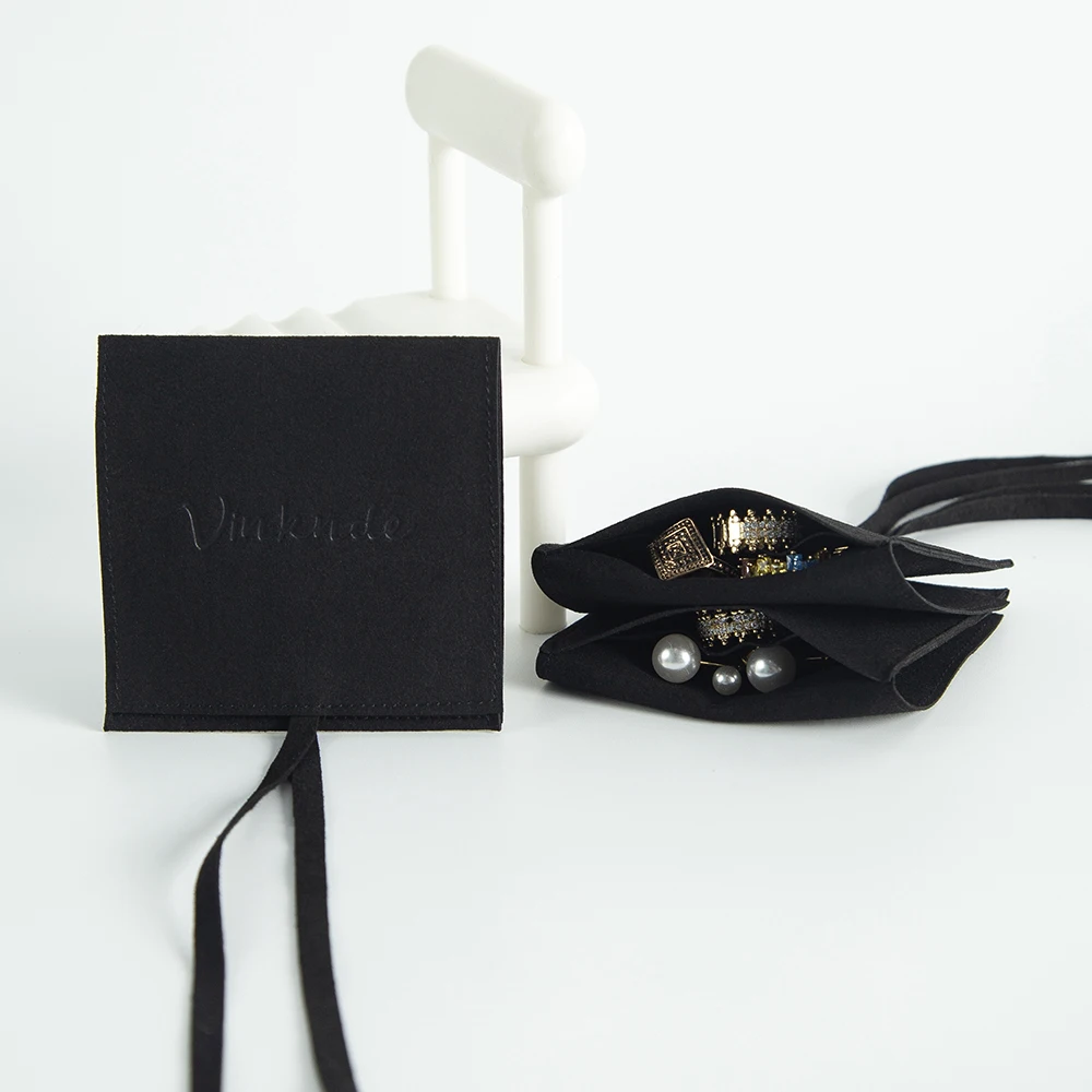 100Pcs Luxury Custom Logo Black Microfiber Full Cover With Rope Bag Envelope Flap Sude Gift Earrings Packaging Organizer Pouches