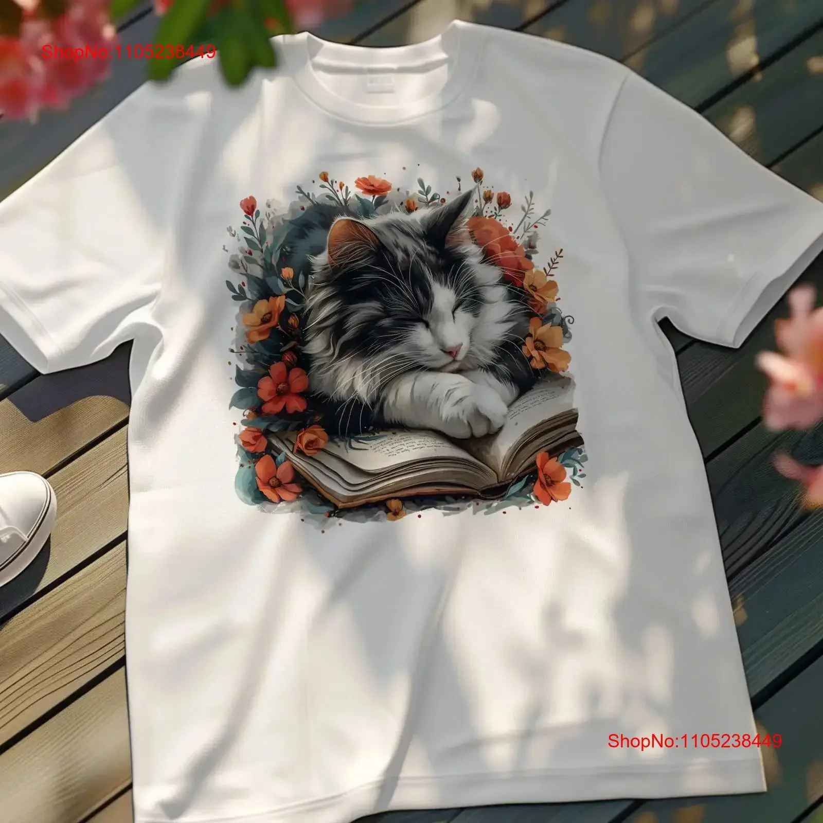 Norwegian Forest Cat Reading Book T Shirt Cozy And Flowers For Lovers Artistic Pet Illustration vintage Washed streetwear