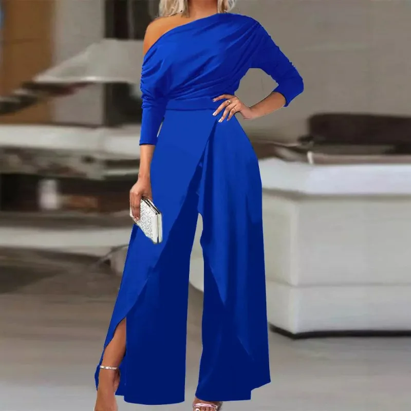 New Women's Shoulder Party Jumpsuit Spring Summer Long Sleeve Straight Nine-Point Pants Elegant Female Casual Sports Jumpsuit