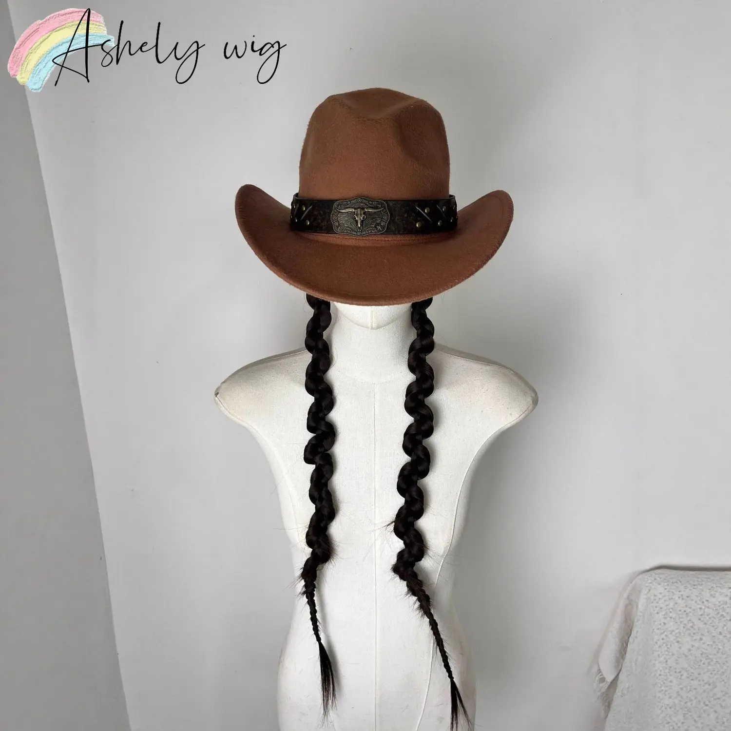 

New Style of Denim Hat Braided Wig One-piece Ethnic Style Deerskin Suede Woolen Wide-brimmed Hat Wig for Travel