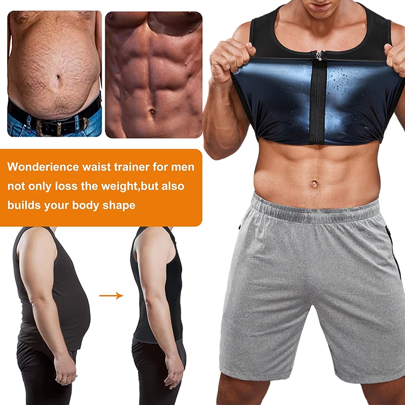 Mens Body Shaper Heat Trapping Zipper Sweat Enhancing Vest Sauna Suit Shirt Compression Tank Shapewear Top for Gym Excersize