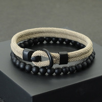 Noter New 2Pcs/Set Men Bracelet Set Double Layer Rope Nautical Braslet 6mm Black Onyx Stone Braclet Leisure Accessories Pulseria