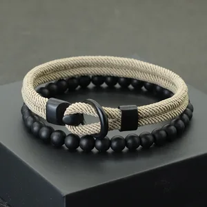 Noter Baru 2 Buah/Set Set Gelang Pria Tali Lapisan Ganda Gelang Bahari 6mm Aksesori Santai Gelang Batu Onyx Hitam Pulseria 12 gelang bahari penjualan terbaik - №