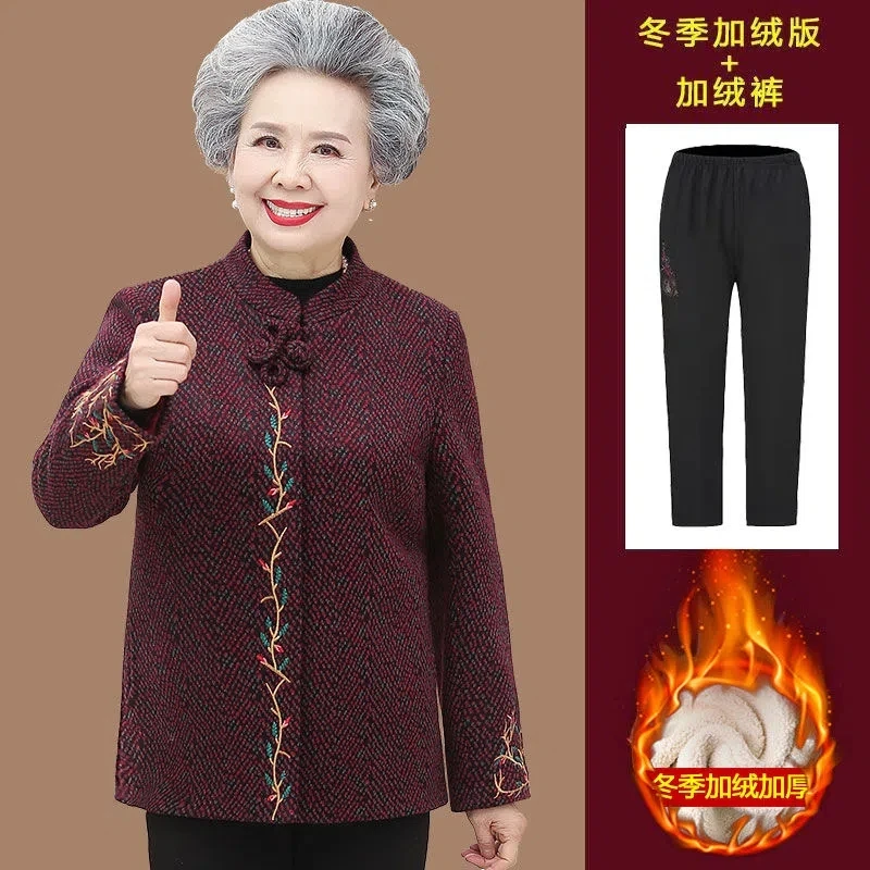 Winter Coat Velvet/No Velvet Thick Middle-Aged Elderly Grandma Fleece Jacket Warm Embroidery Mother Coats Tang Suit Top XL-7XL