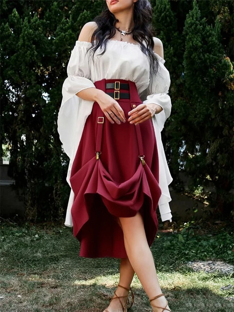 

Medieval Steampunk Victorian Renaissance Vintage Women's Skirt Rivet Layered Ruched Retro Mid Length A-line Gothic Midi Skirts