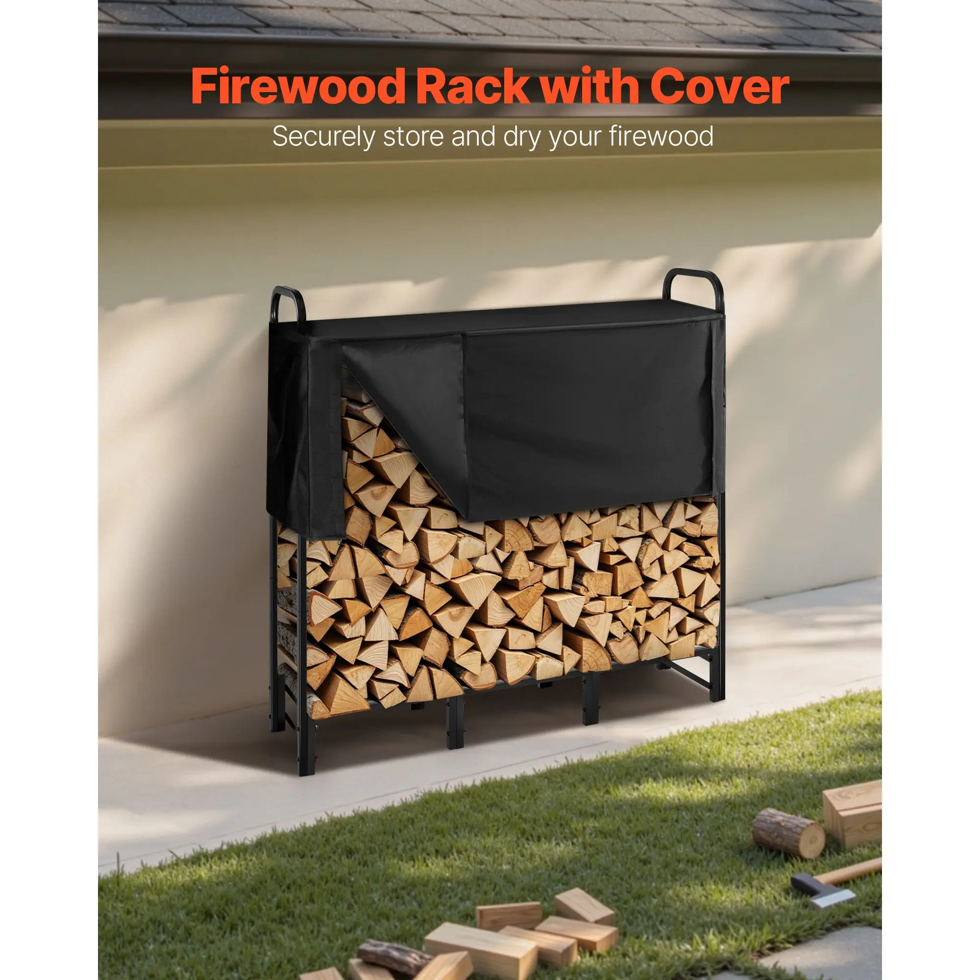 Firewood Rack with Waterproof Cover, 4 ft Outdoor Firewood Holder, 1/4 Cord Storage Metal Log Holder, 400lb Max Weight Capacity,
