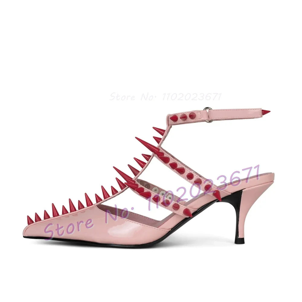 Pink Spiky Studs Sandals With Med Heels Women Edgy Punk Pointy Toe Lovely Shoes Fashion Party Female Ankle T-strap Dress Sandals