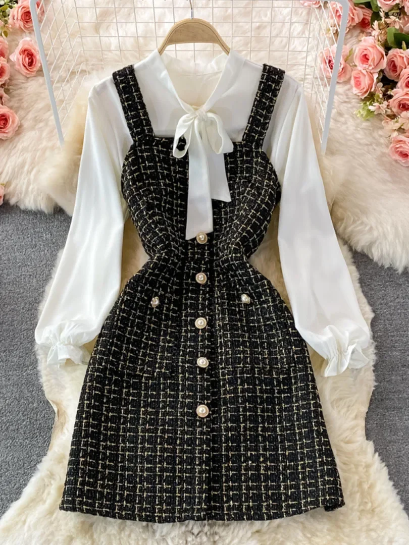 Women Two Piece Set 2024 Korean Fashion Bowtied Collar White Blouse and Spaghetti Strap Single Breasted Mini Tweed Dress Suits