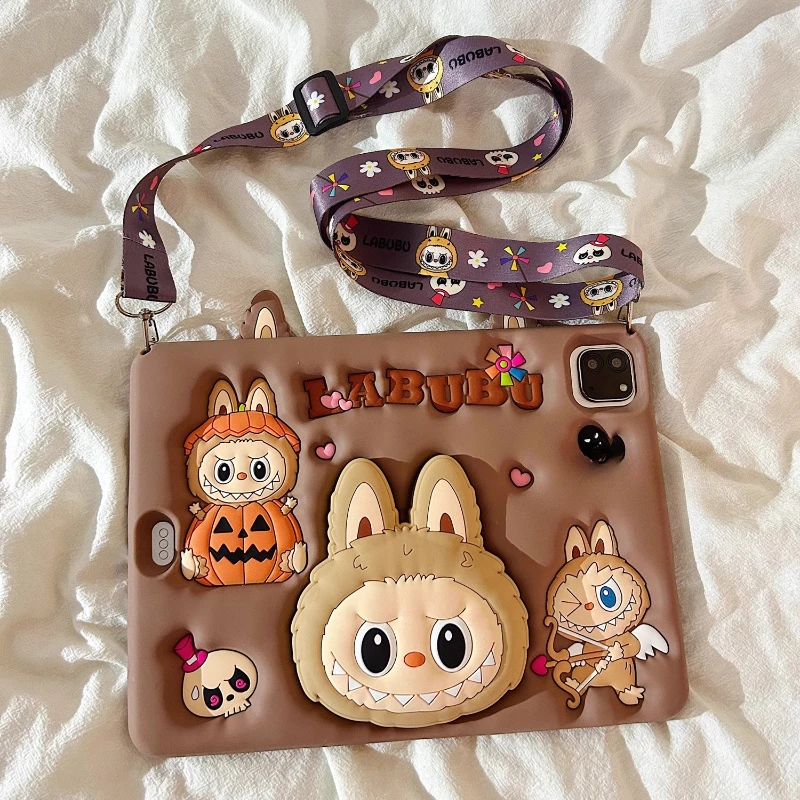 

Labubu Cartoon IPad Case for Pro 11/Air 4-5/10.2-10.9" - Cute Brown Soft Silicone Cover with Stand & Strap, Shockproof