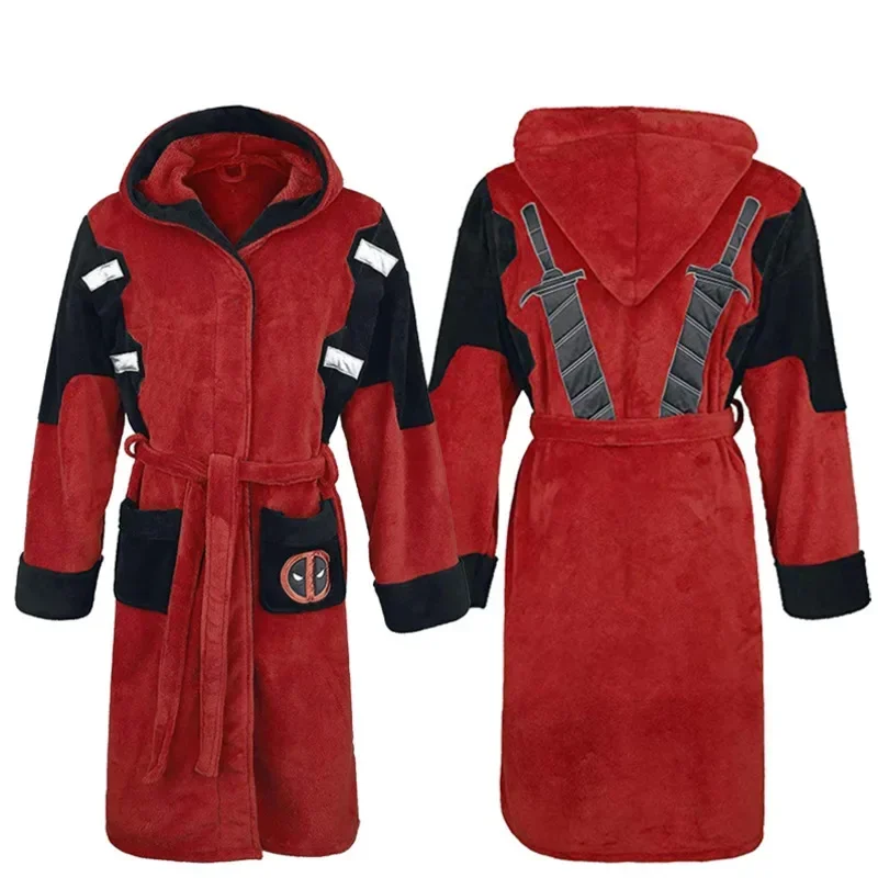 Movie deadpool Bathrobe Adult Unisex Winter Warm Flannel Hooded Pajamas Halloween Cosplay Costume Sleepwear Robe