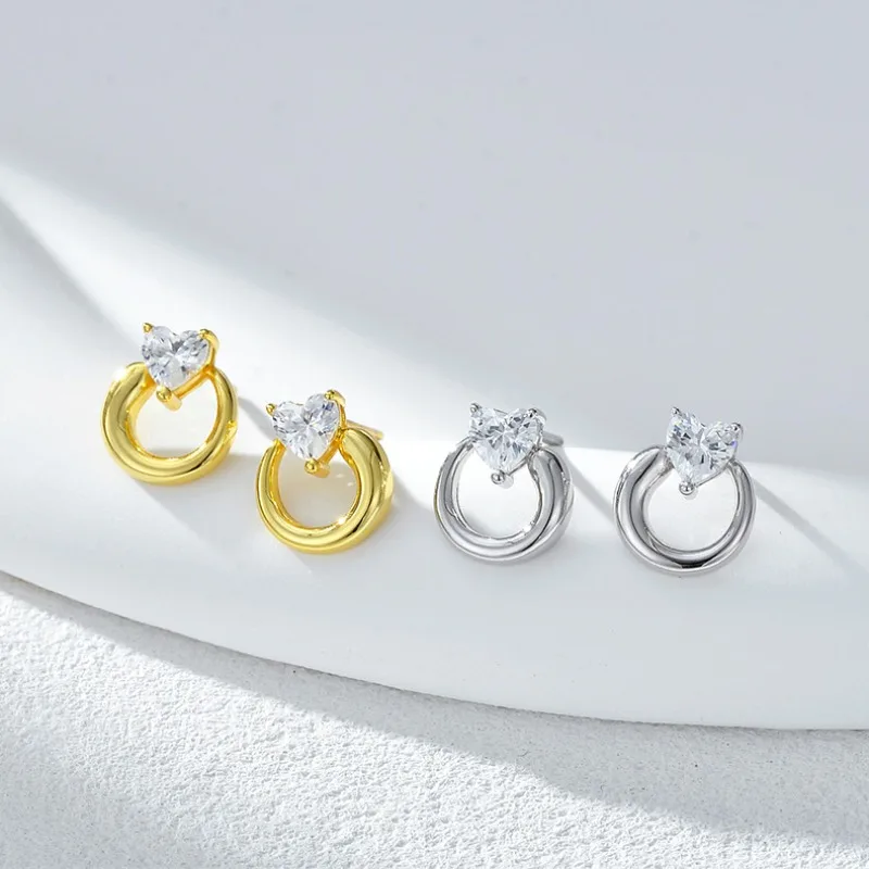 

TIMESWIND Light Luxury S925 Silver Heart -shape Zircon Circle Hollow Women Earrings