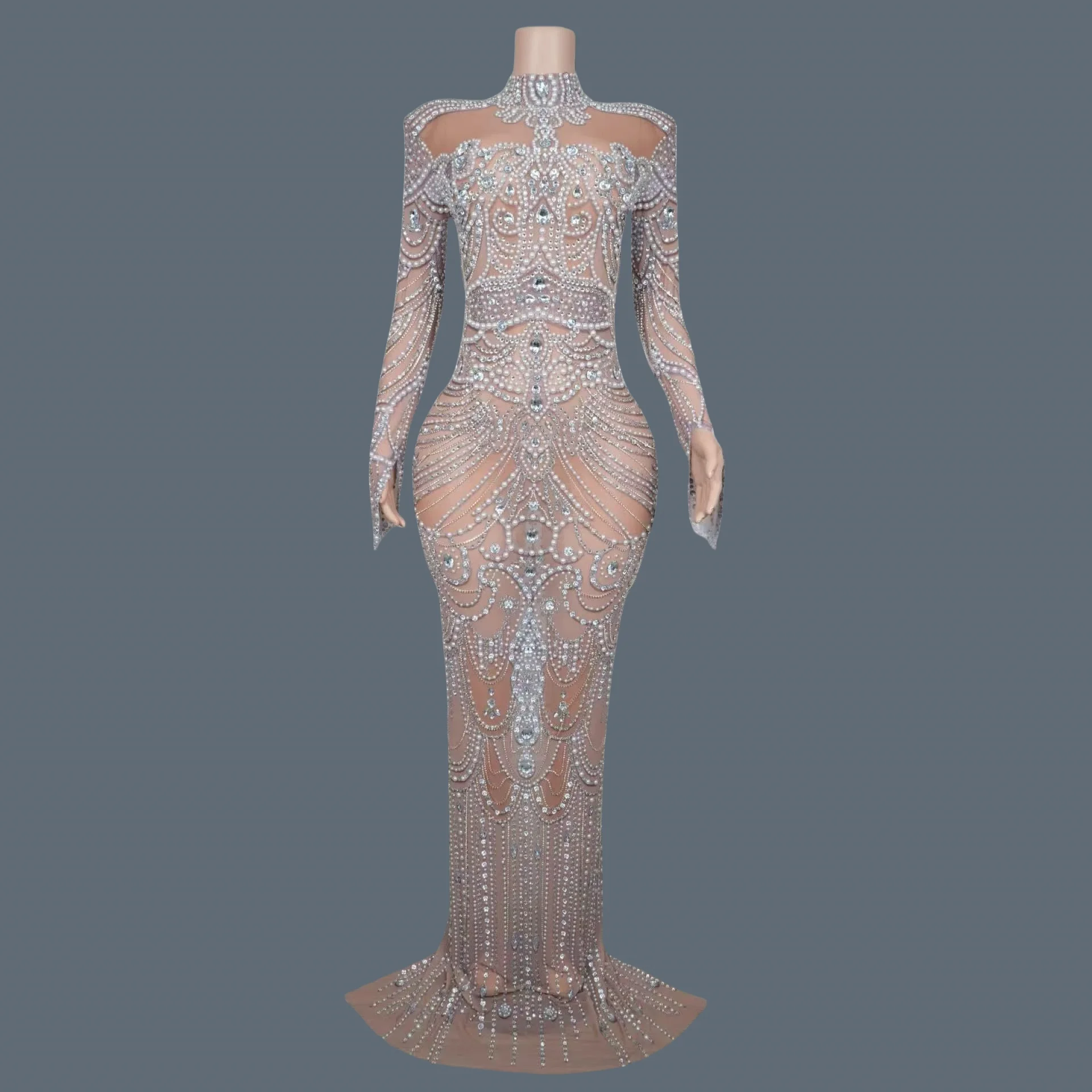 

Elegant Crystals Pearls Long Dress Women Sexy See Through Mesh Evening Dress Birthday Celebrate Wedding Photo Shoot Wear Nianlun