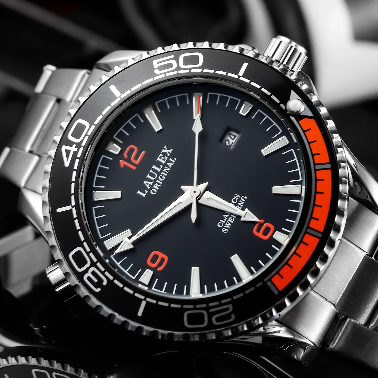 سلسلة هايما الفاخرة الأصلية من LAULEX حركة كوارتز مستوردة أوتوماتيكية بالكامل مع علبة ساعة كوارتز بتقويم