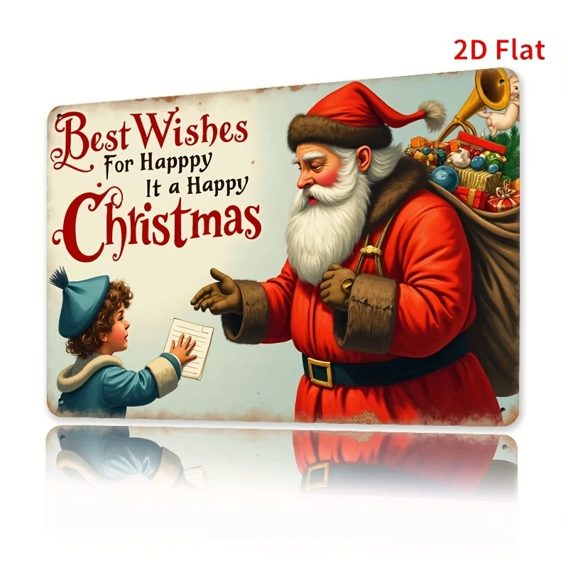 Weihnachtsschild aus Metall mit Weihnachtsmann und Rentier – rustikale Feiertags-Wanddekoration mit festlicher Szene, keine Strom erforderlich, Weihnachten