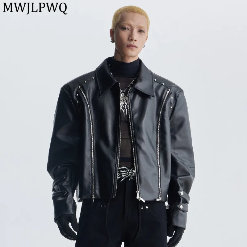 

MWJLPWQ Punk Dark Style Zipper Rivet Leather Jacket Men's High Street Heavy Industry Lapel Niched Design Loose Short Coat 11641