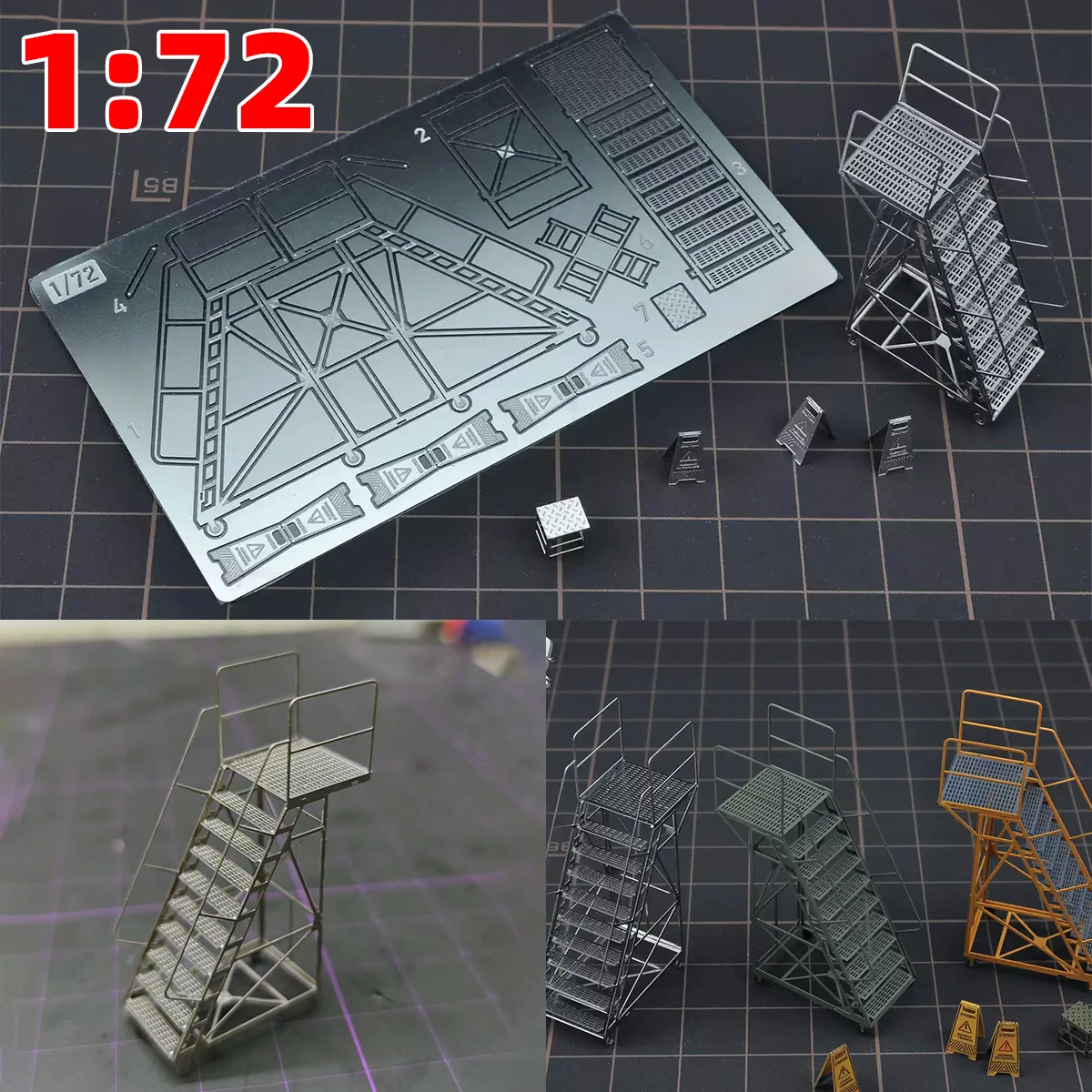 1/72 PE Aircraft Scale Model Kit Maintenance Ladders Climbing Ladder Platform Ottoman Warning Signs Miniature Diorama Models
