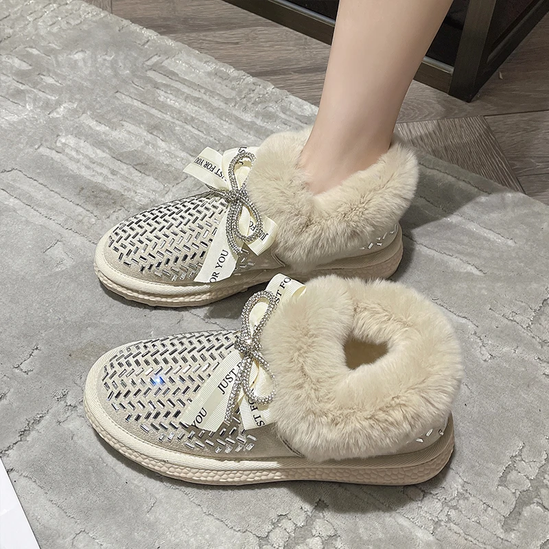 Women\'s Rubber Boots Plush Winter Footwear Luxury Designer  Female Shoes Boots-Women Crystal Flat Heel Australia Round Toe Rain