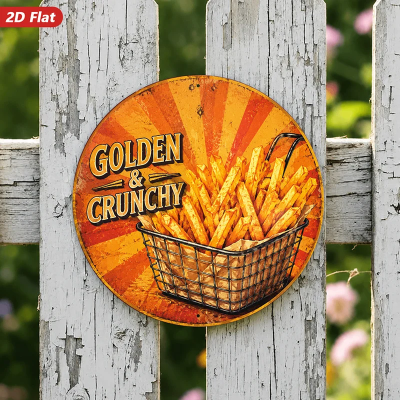 2D Flat, 1pc Golden Fries Round Metal Sign Wall Art, Ideal for Workspace Dining Room, Golden And Crunchy Lettering, Home Decor,