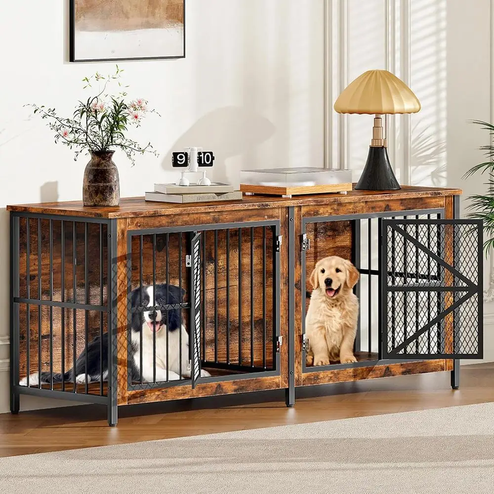 

Деревянный двойной ящик для собак, мебель со съемным перегородкой, прочный питомник, коричневый и черный в деревенском стиле TGW02B