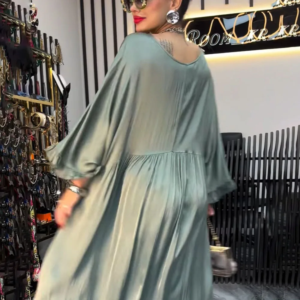 Elegante satijnen maxi-jurken voor dames 2025, herfst, casual losse jurk met V-hals en lange mouwen