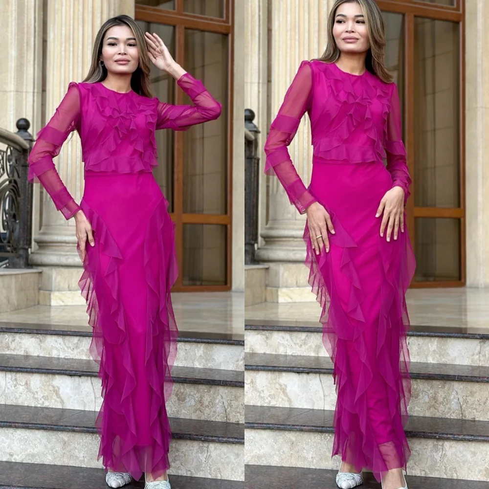 

Customized Simple Rose red Tulle Evening Dress Exquisite Crew Neck Long Sleeves Zipper Back Mermaid Special Occasion Gowns