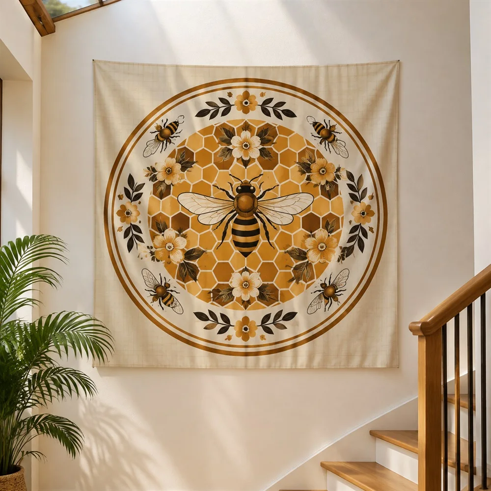 VIKAMA Honeycomb Bee Tapestry Wall Hanging, Honeycomb Pattern Wall Art, Nature Decor for Kitchen Living Room Bedroom Dining Room