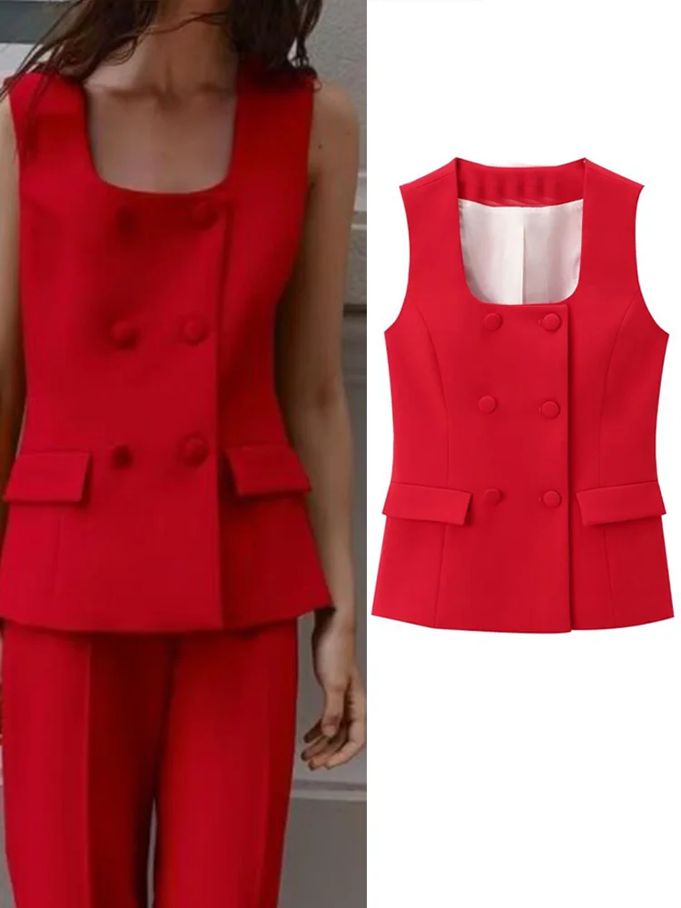 

Women Summer Solid Vests Coats 2024 Casual Square Neck Double Breasted Female Elegant Street Waistcoat Vest Clothing