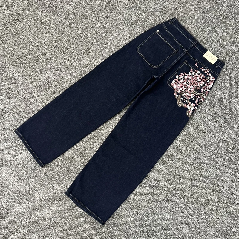 

Мужские и женские джинсы с вышивкой вишневого цвета Y2k, мешковатые уличные прямые джинсы в стиле ретро с высокой талией, потертые синие джинсовые брюки