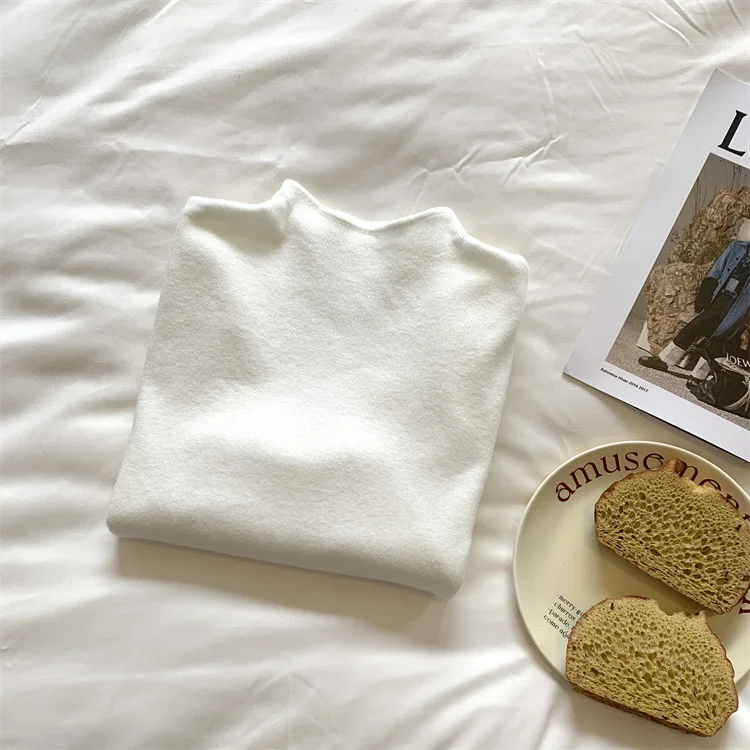 Pulôver suéter apertado de manga comprida com guarnição de orelha preta camada base pulôver feminino outono inverno top