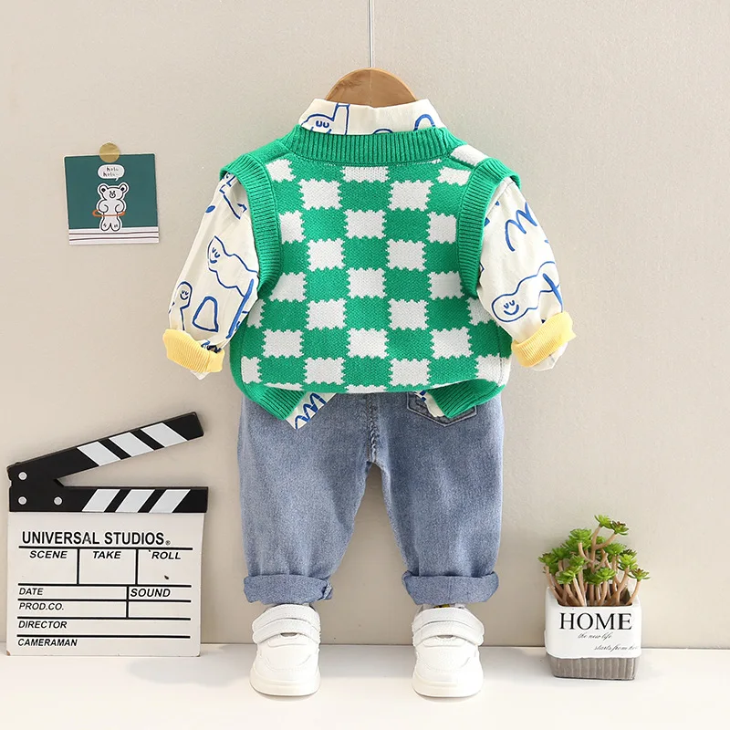 Personalized Baby Boy Fall Clothes Korean Plaid Knitted Sleeveless Cardigan Vest + White Cartoon Shirts + Jeans Boys Outfit Set