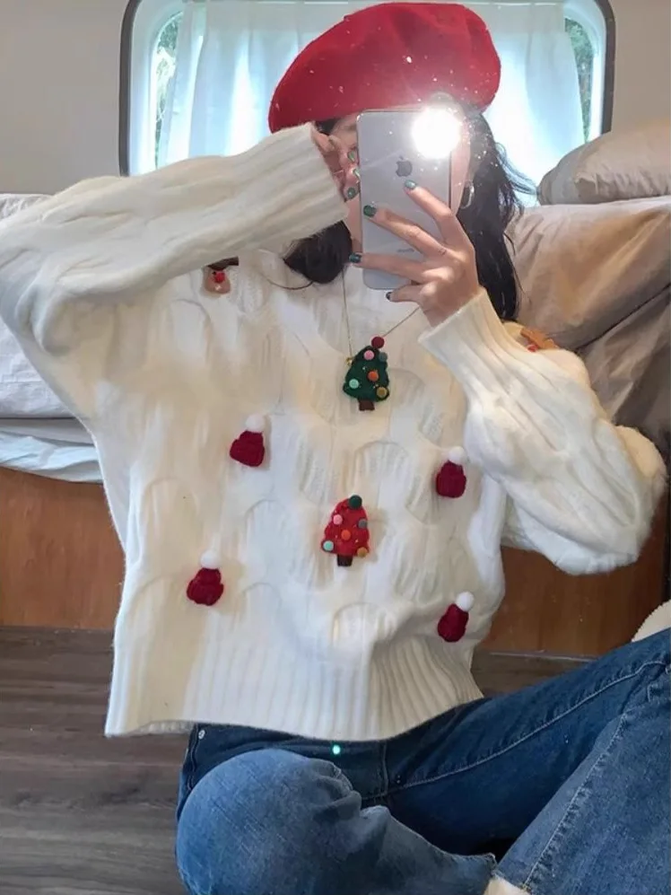 Women Christmas Tree Decor Sweater Red Crew Neck Cable Knit Pullover Long Sleeve Loose Winter Holiday Party Knitwear Top