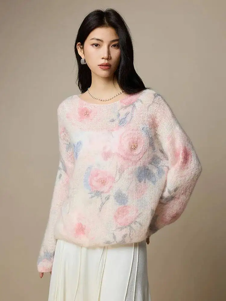 Women Mohair Wool Sweater Autumn Winter Korean 30% Mohair 27%Wool Floral Beading Pullovers,Tops