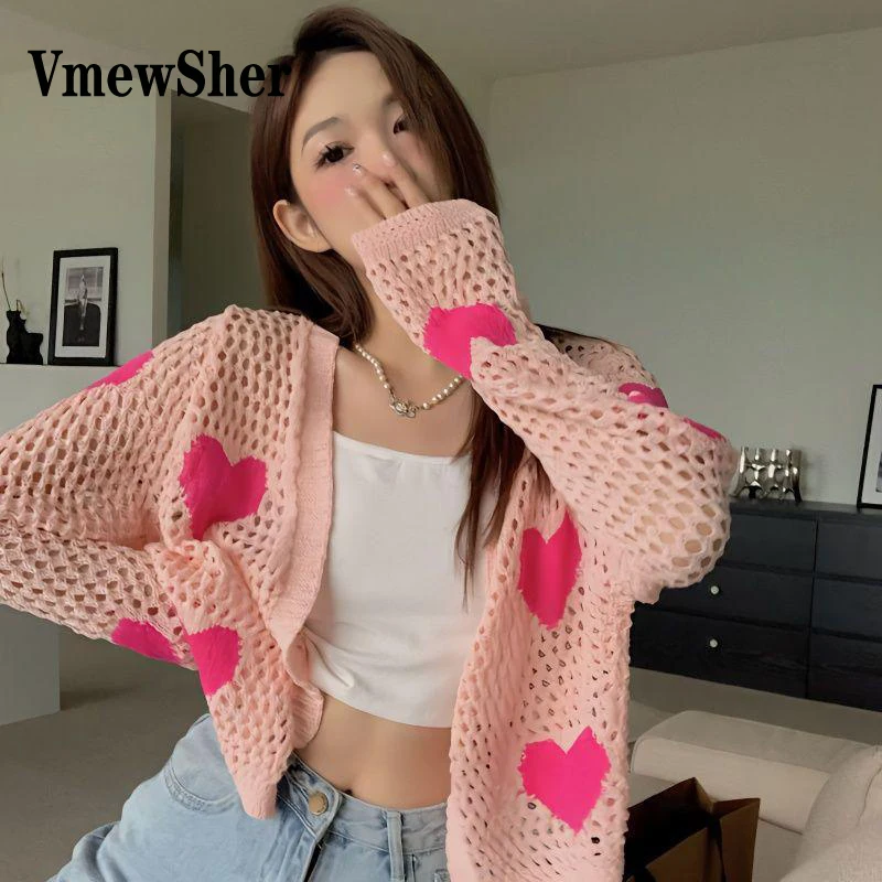 

VmewSher Heart Love Pattern Sweater Cardigan Women Hollow Out Knit Loose Sun Protective Thin Outwear Chic Fashion Pink Knitwear