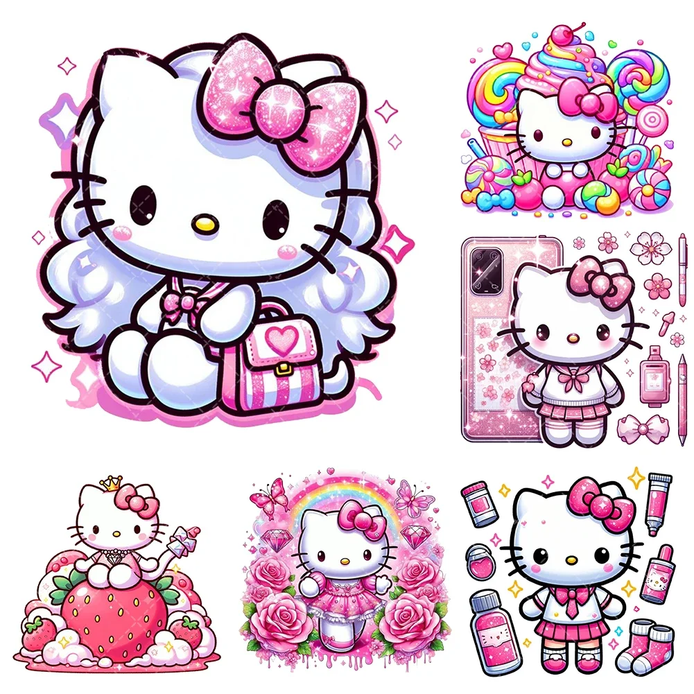 Sanrio Hello Kitty Cosmetics Iron On Heat Transfer Sticker For Clothes Dtf Pinted Vinyl Thermal Appliques Washable T-shirt Decal