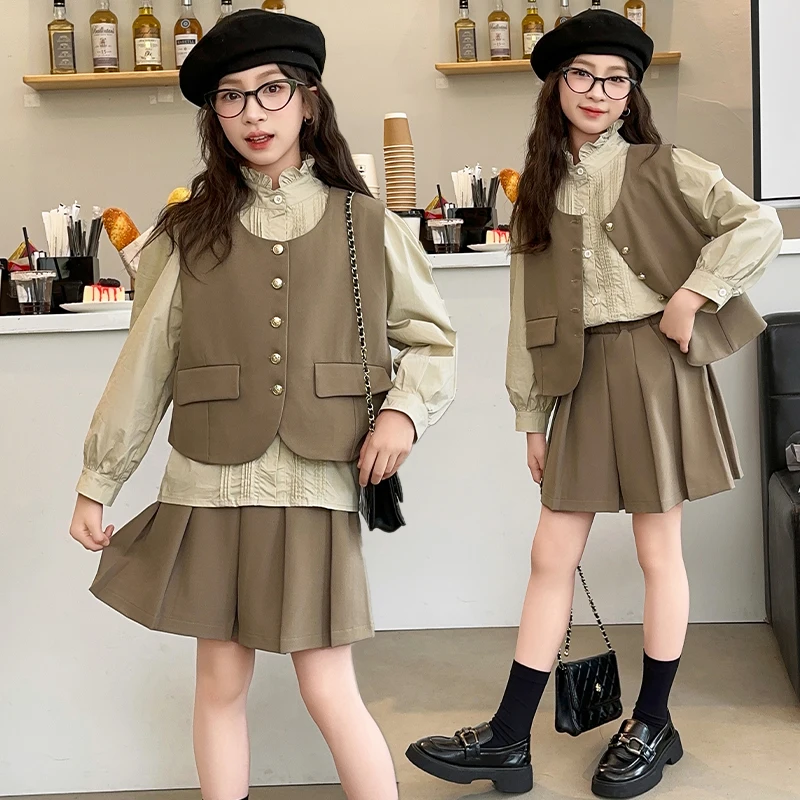 

French design teenage girls clothes skirts set vest+Lotus leaf collar shirt+Pleated skirt 3pcs junior kids suit child outfits 14