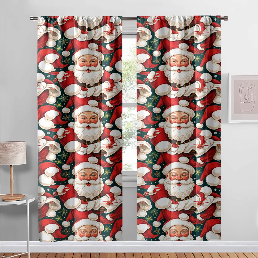 2PCS Digital Print Curtain, Santa Claus Face Repeating Pattern on Dark Green Background, Classic Christmas, for Bedroom Decor