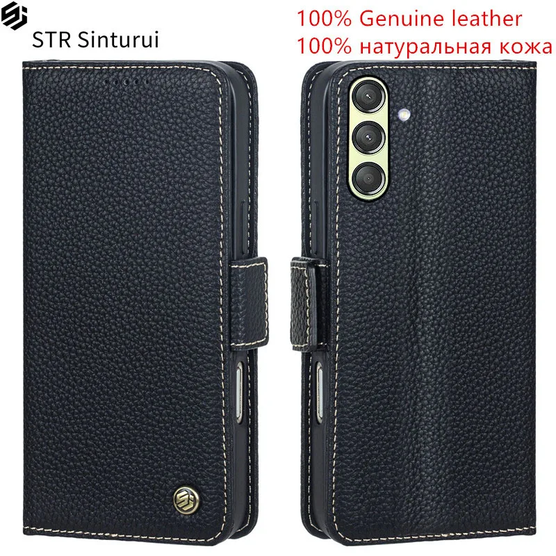 

STR 100% Genuine leather lychee grain card Slot Wallet Cover For Samsung Galaxy A24 4G A54 A34 A04e A04s A04 5G Flip phone Case