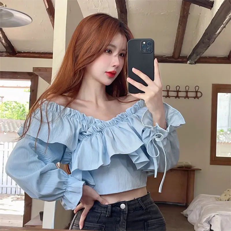 Streetwear Y2k Clothing Blouse Women Tops Shirts Ruffle Long Sleeve Crop Tops Slim Blouses White Black Blue Coffee New