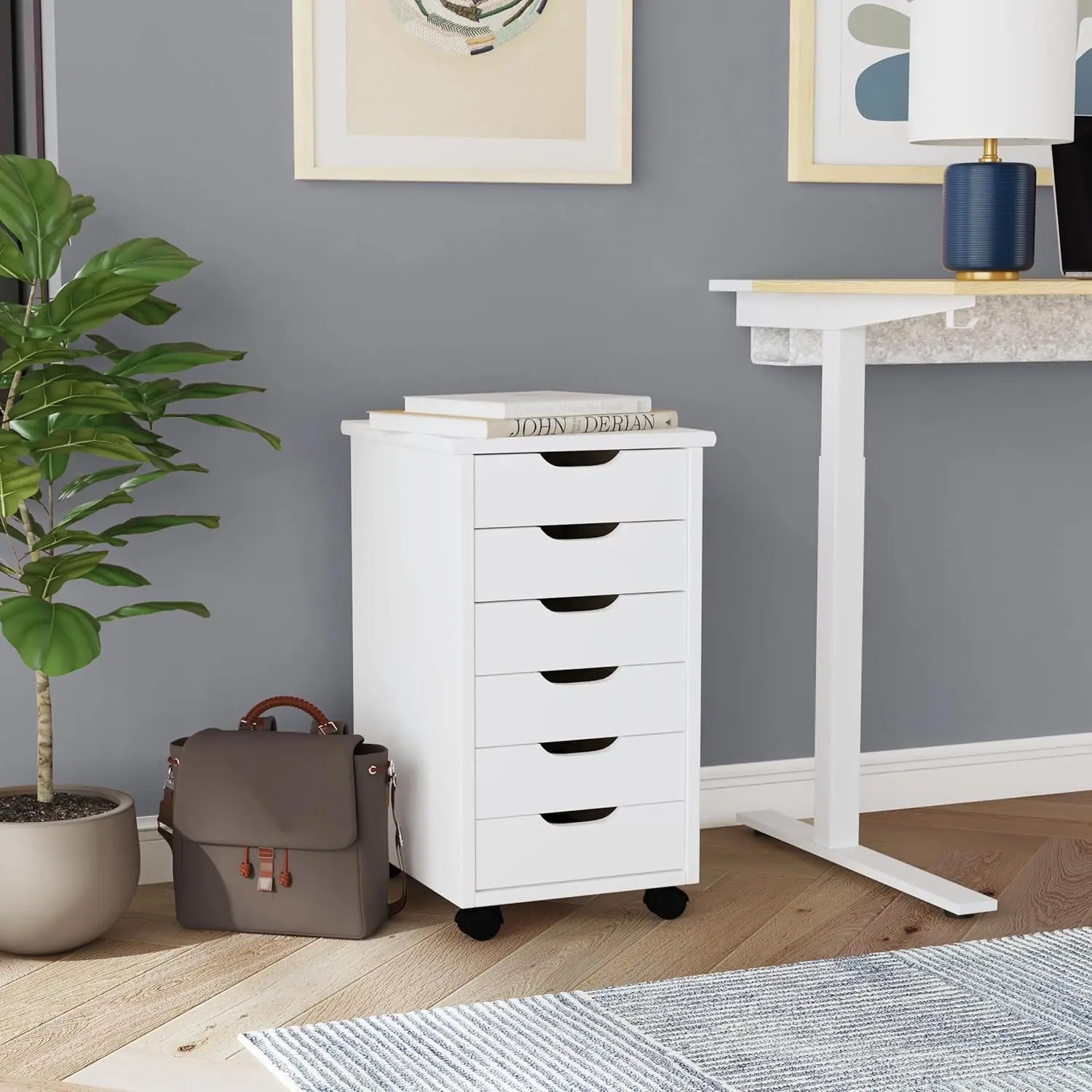 Corinne Six Drawer Storage, White Wash Rolling Cart