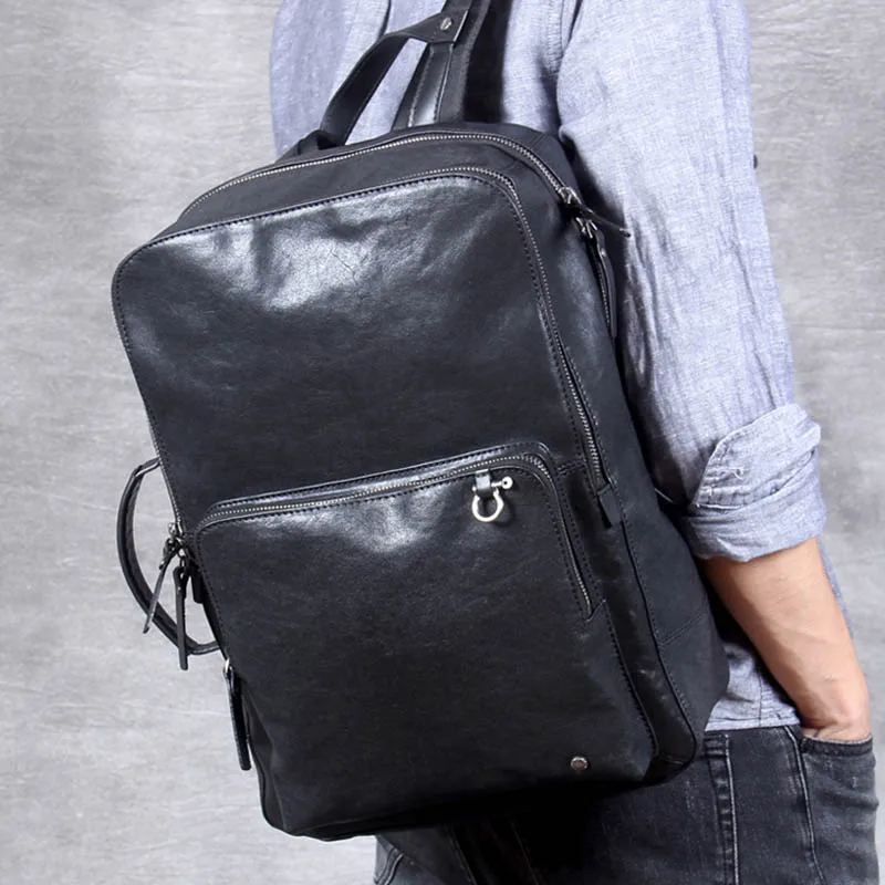 

Men's Genuine Leather Backpack Soft Black Fashion Style Unisex Bagpack Fit 14" PC Handbag Travel Backpack Daypack For Man